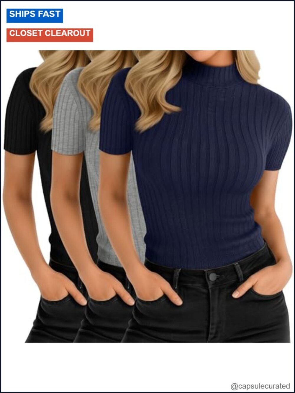 3-Pack Women Mock Turtleneck Short Sleeve Ribbed Slim Fit Cotton Blend Layering